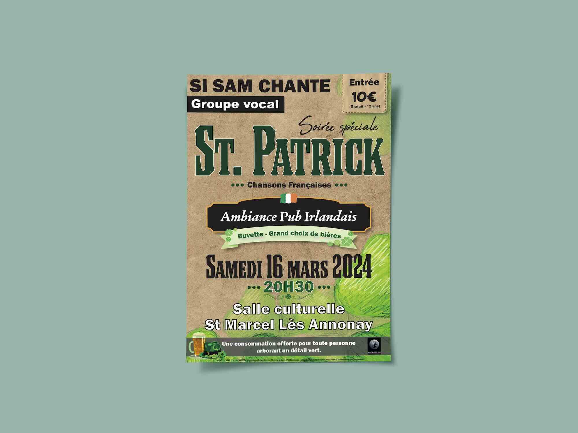 Affiche pour la soirée St Patrick 2024 de la Troupe SI SAM CHANTE.